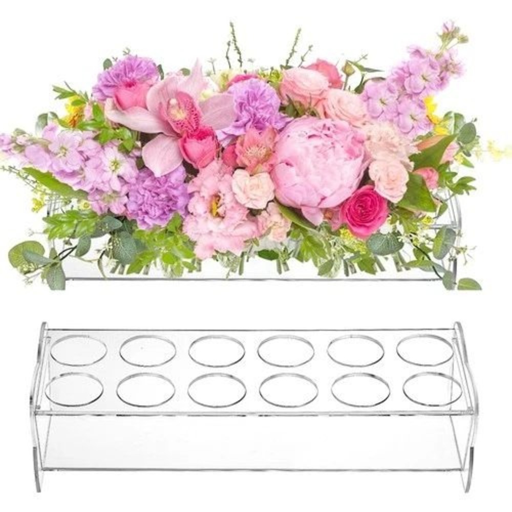 Ranslen 2 Pack Rectangular Acrylic Flower Vase 12 Hole Clear Centerpiece 12 Inch